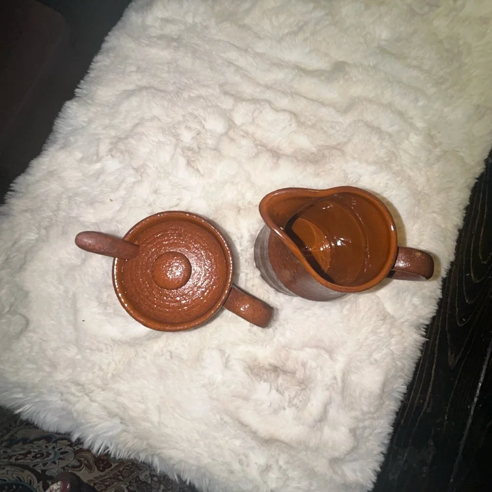 50%offw❤️ PRIMITIVE BROWNSTONE SUGAR AND CREAMER SET RAGON HOUSE vintage